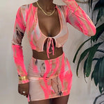 Net Print shirt with High Waist Skirt