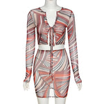 Net Print shirt with High Waist Skirt