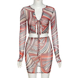 Net Print shirt with High Waist Skirt